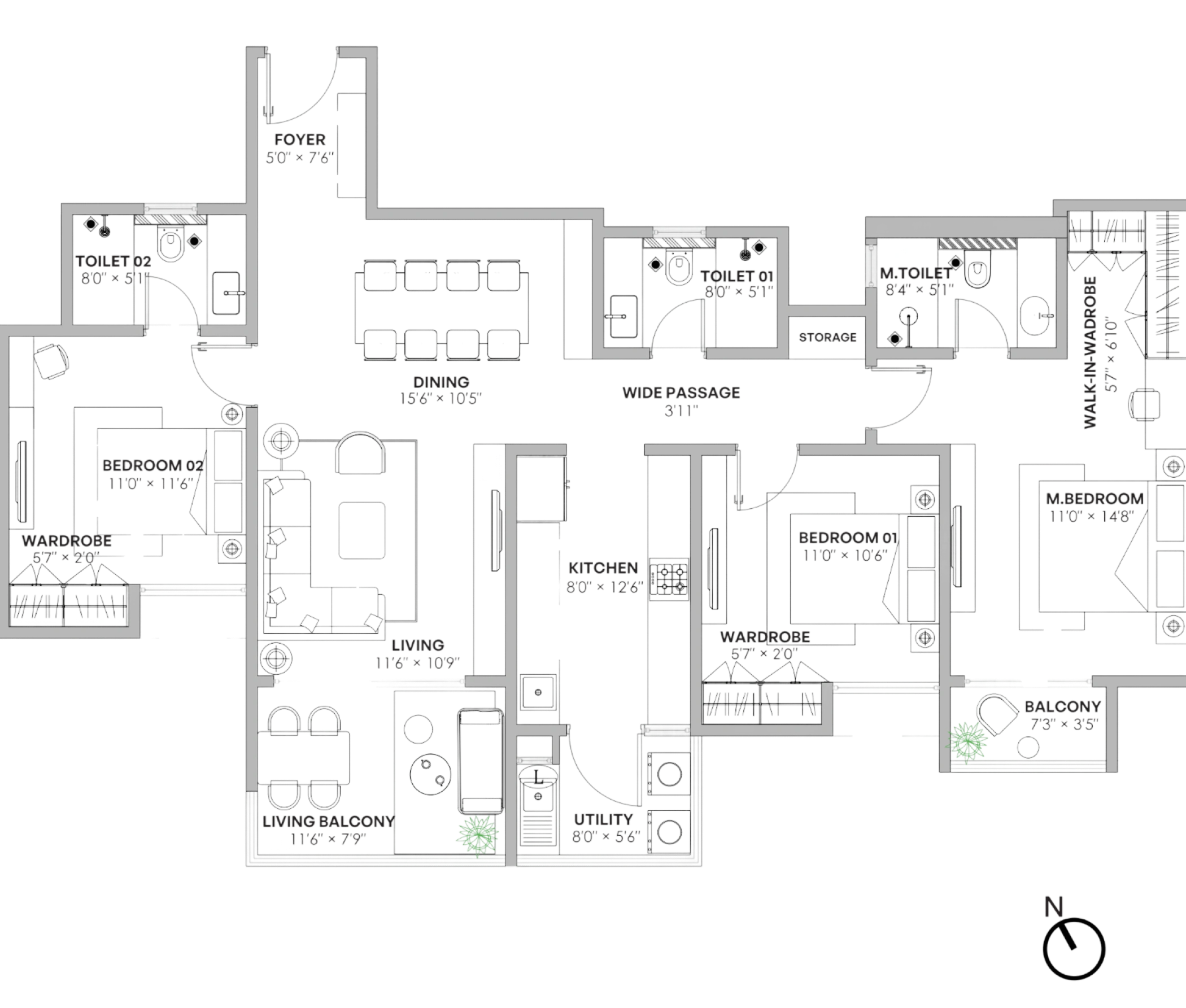 3 BHK Type B Floor Plan